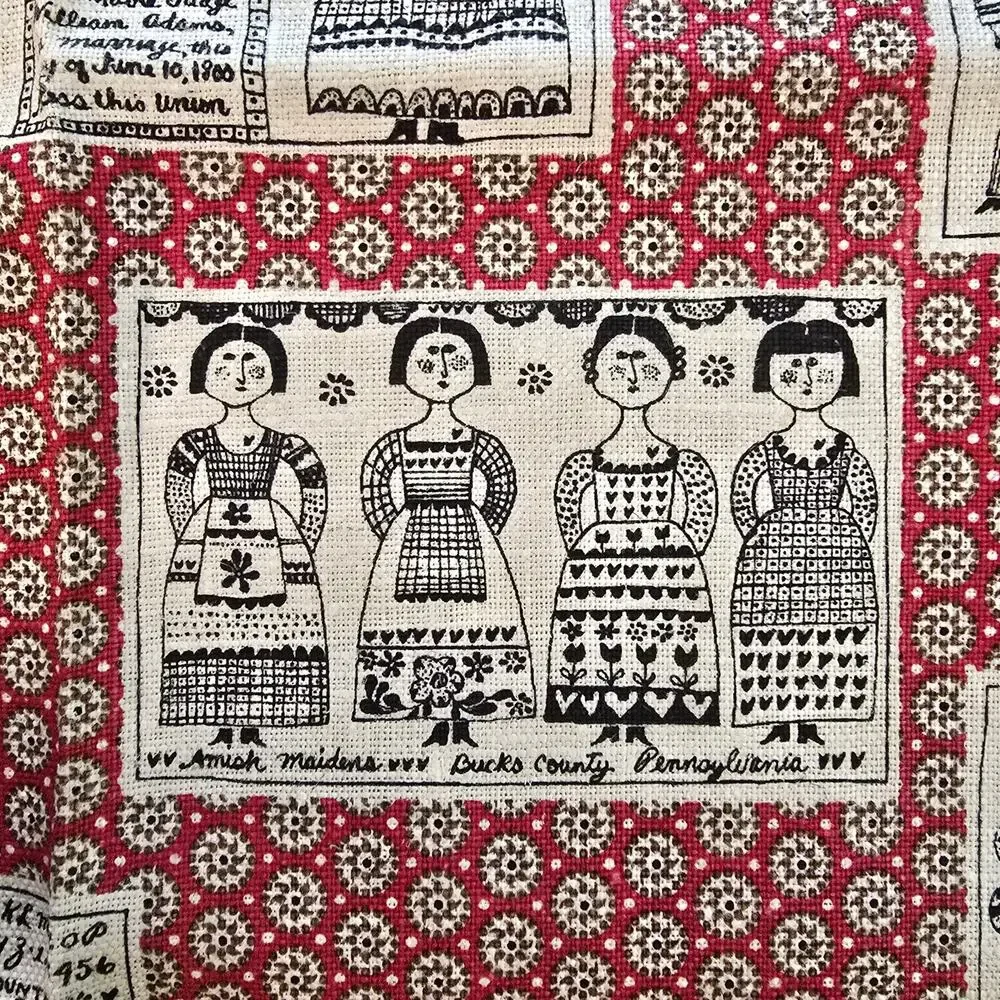 Vintage Kay Dee Hand Prints Linen Kitchen Towel Pat Ahern Amish Folk Art Red